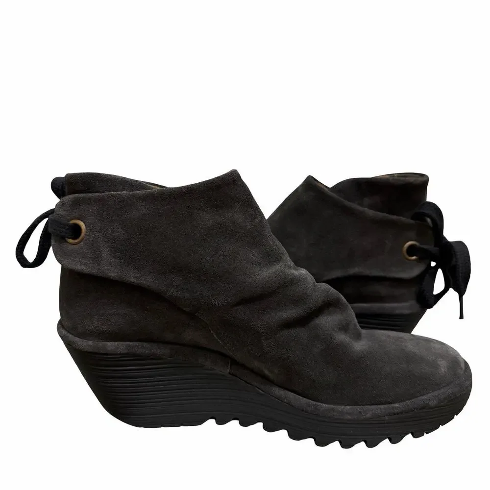 Fly London Womens Yebi Suede Ruched Wedge‎ Ankle Boots EU 41 US 10 Charcoal MINT